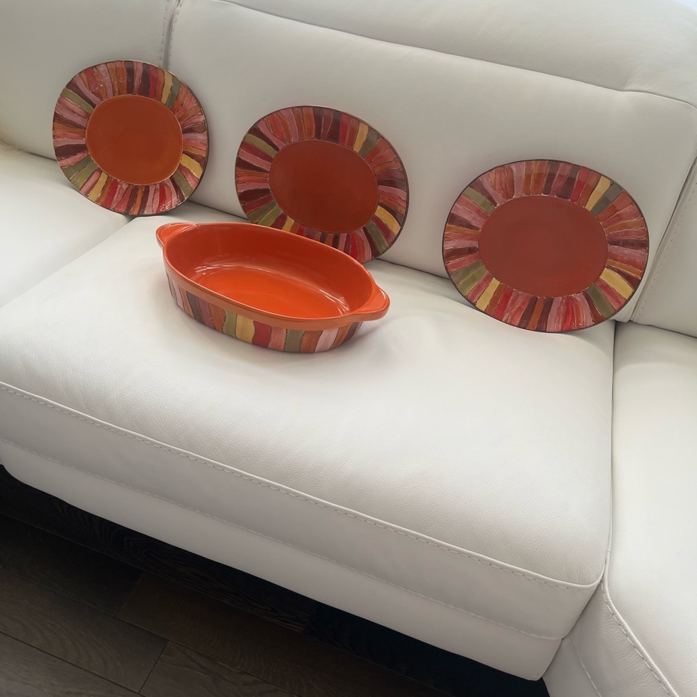 Pier 1 wavy stripe casserole and 3 oval platters or dining plates fall festive